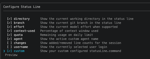 Copilot CLI status line configuration